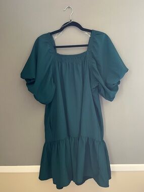 entro Dark Teal Elastic Neckline Dress Puff Short Sleeves Pockets Fully Lined